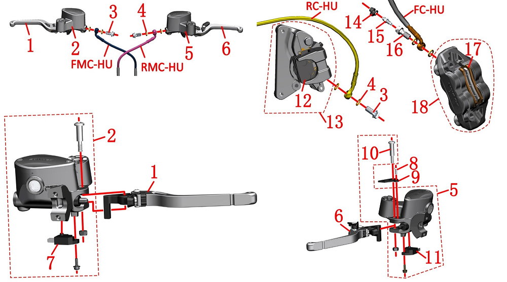Рычаги тормоза и тормозная маши